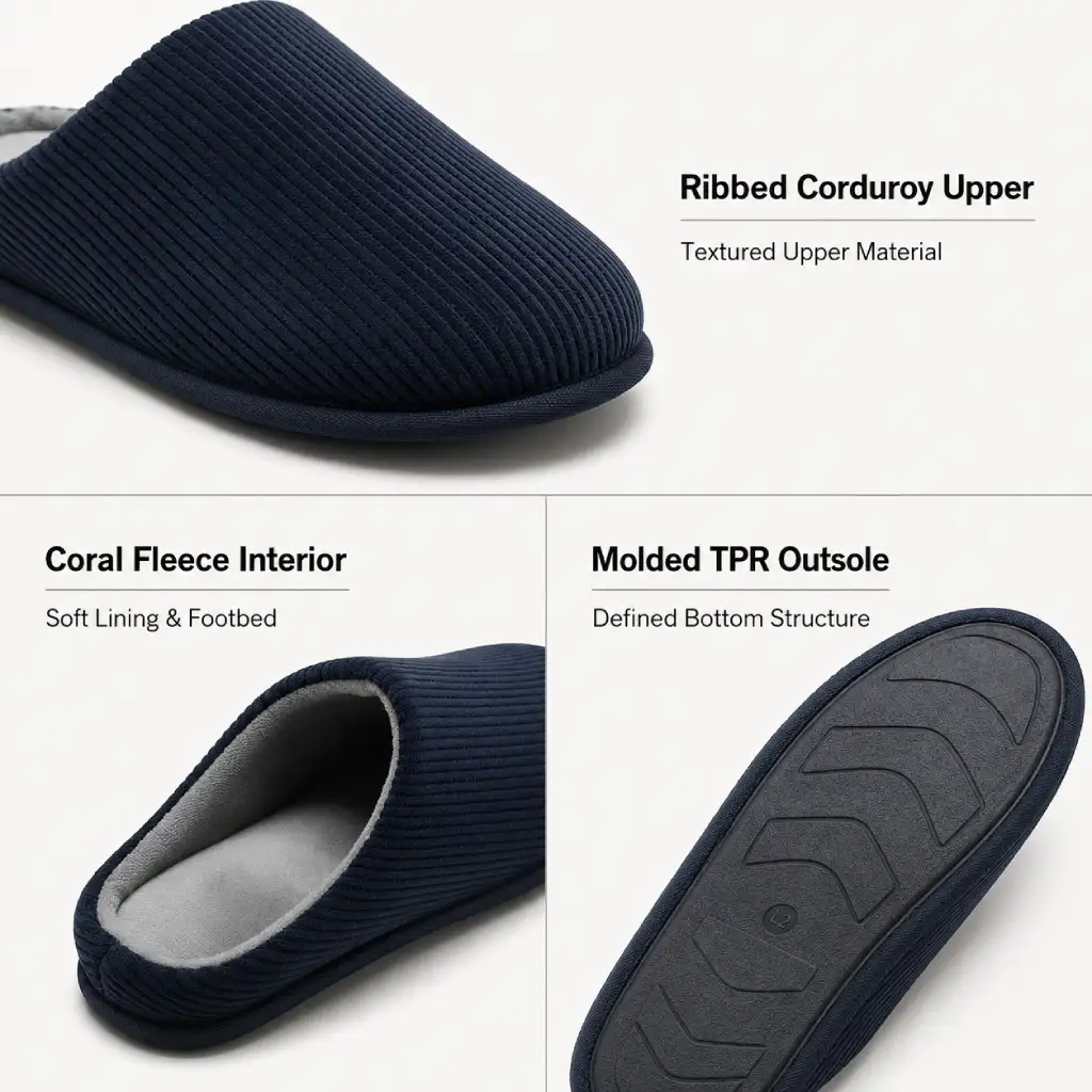 Men’s corduroy slippers UT-MS1001 showing ribbed corduroy upper, coral fleece interior and molded TPR outsole