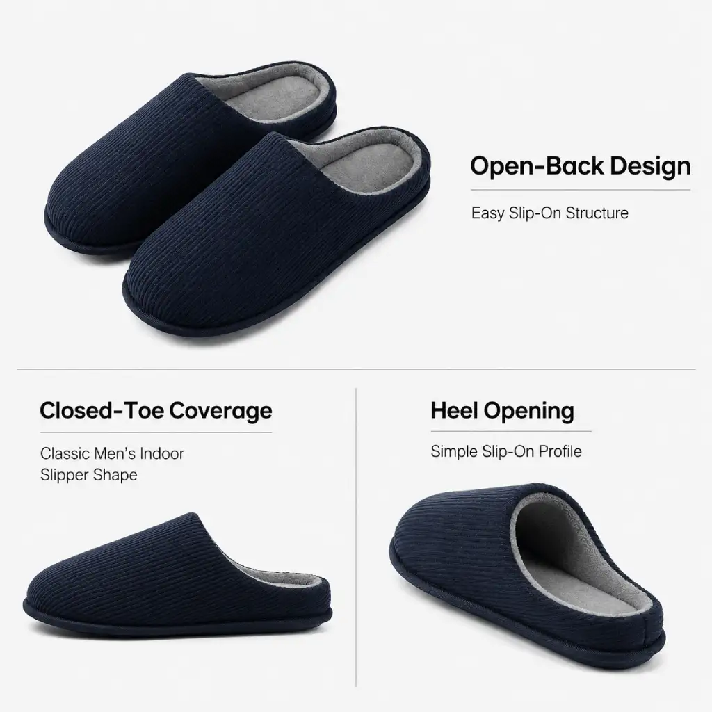 Men’s corduroy slippers UT-MS1001 showing closed-toe coverage, open-back heel opening and slip-on construction