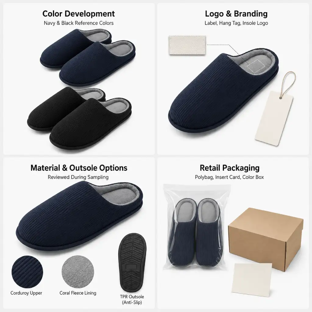 Private label men’s corduroy slippers UT-MS1001 showing color, branding, material, outsole and packaging customization options