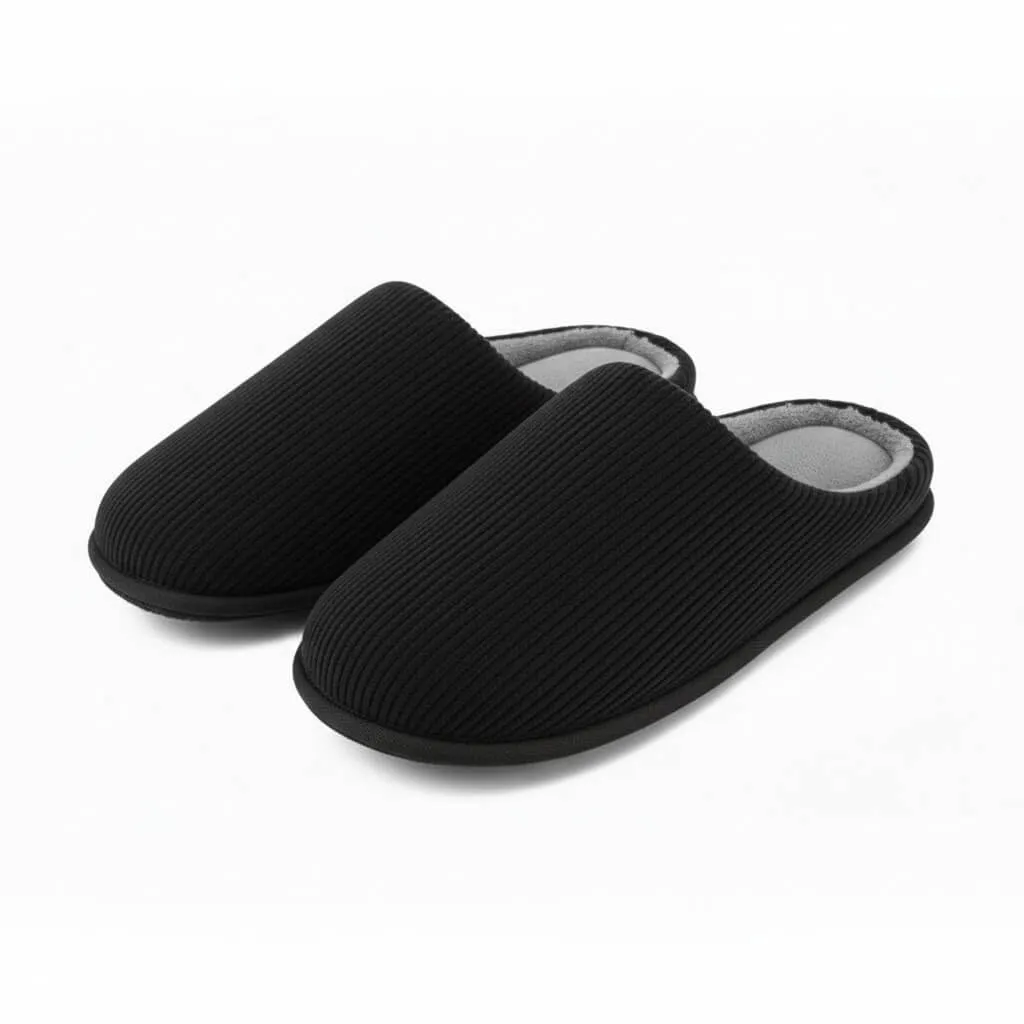 Black Corduroy Front View – UT-MS1001 front view black corduroy indoor slippers Corduroy Open Back Men's Slippers UT-MS1001