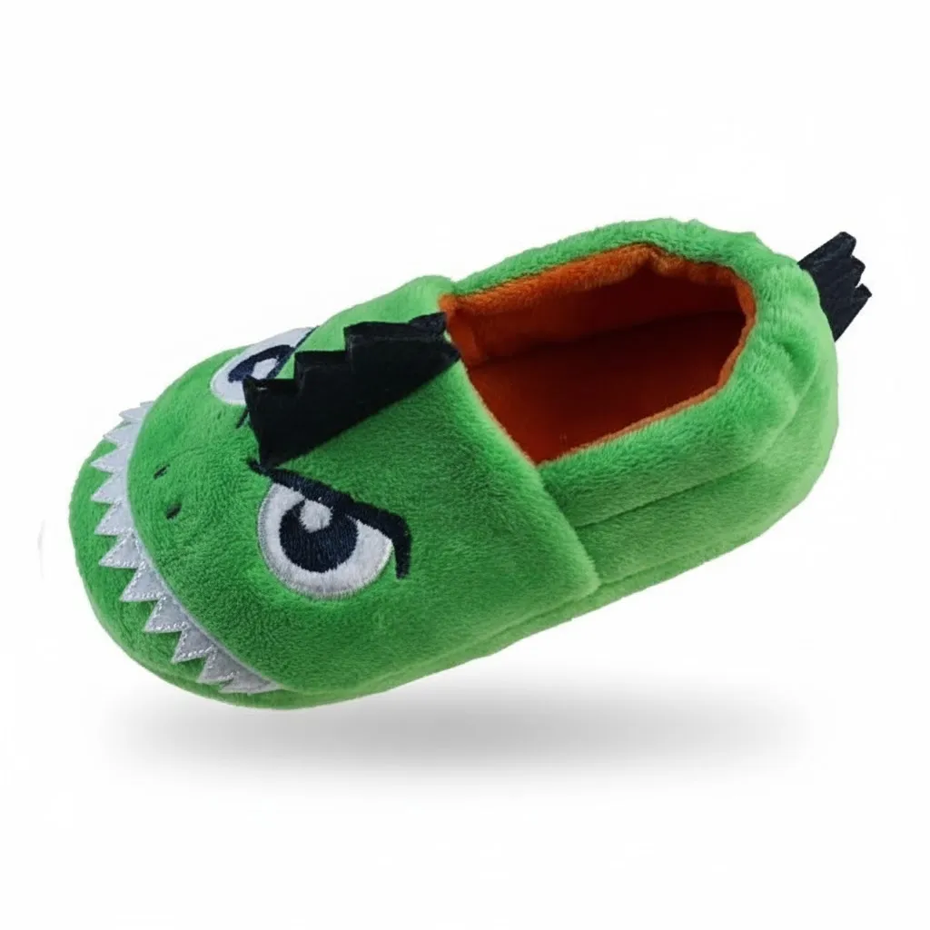 Dinosaur Plush Slippers – Back View Back view of 3D dinosaur plush slippers for children