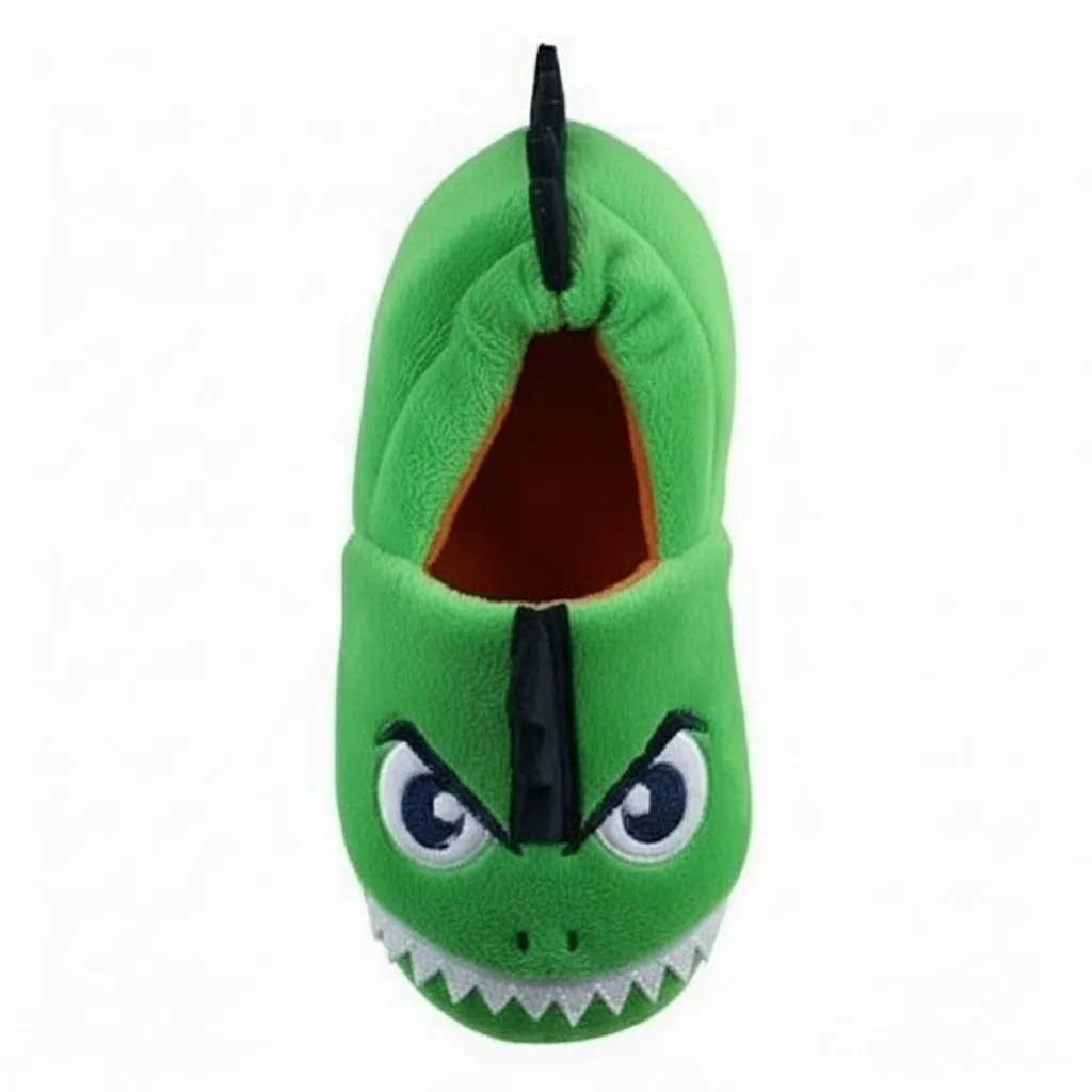 3D Dinosaur Plush Slippers – Front View Front view of 3D dinosaur plush indoor slippers for children