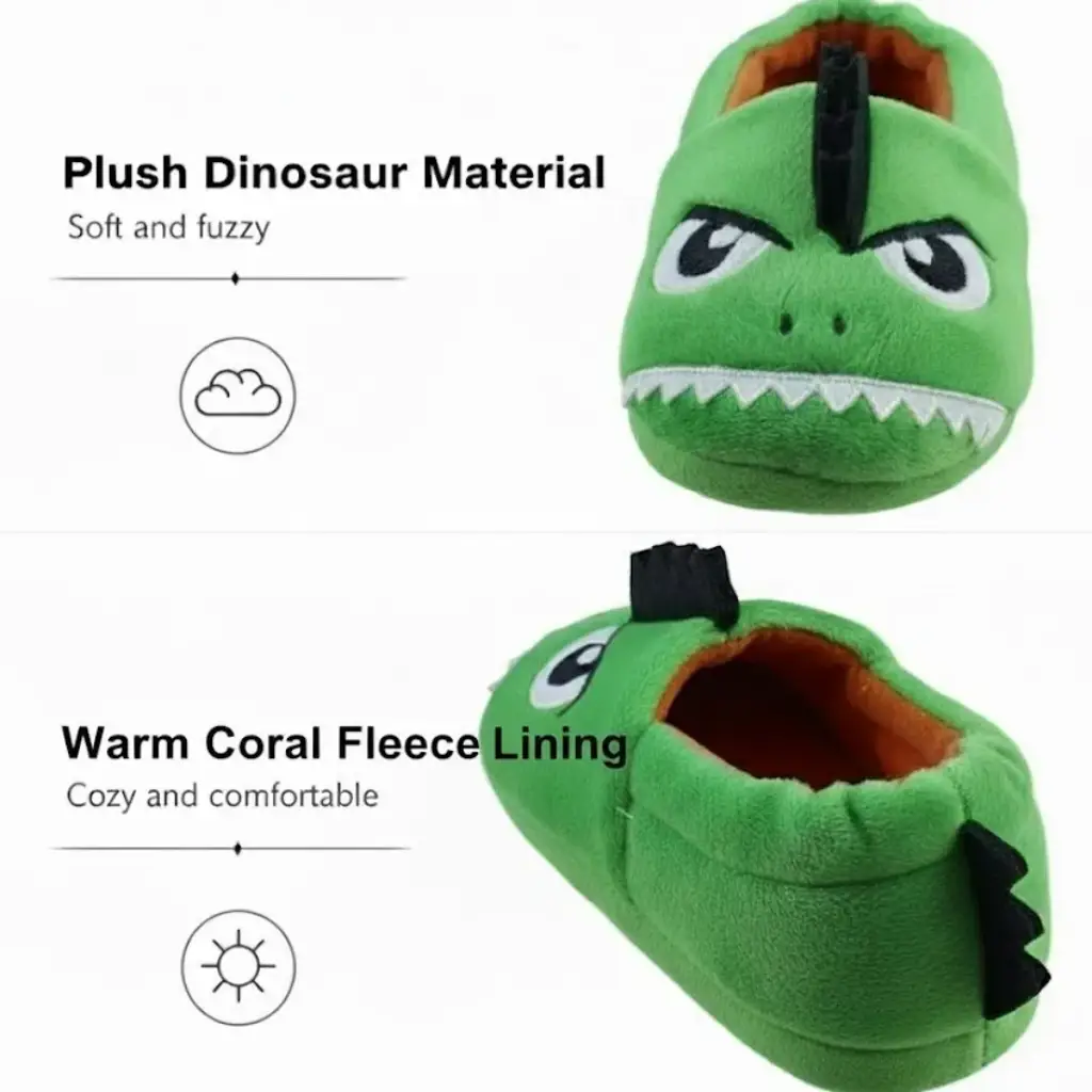 Plush material detail of 3D dinosaur indoor slippers for children
