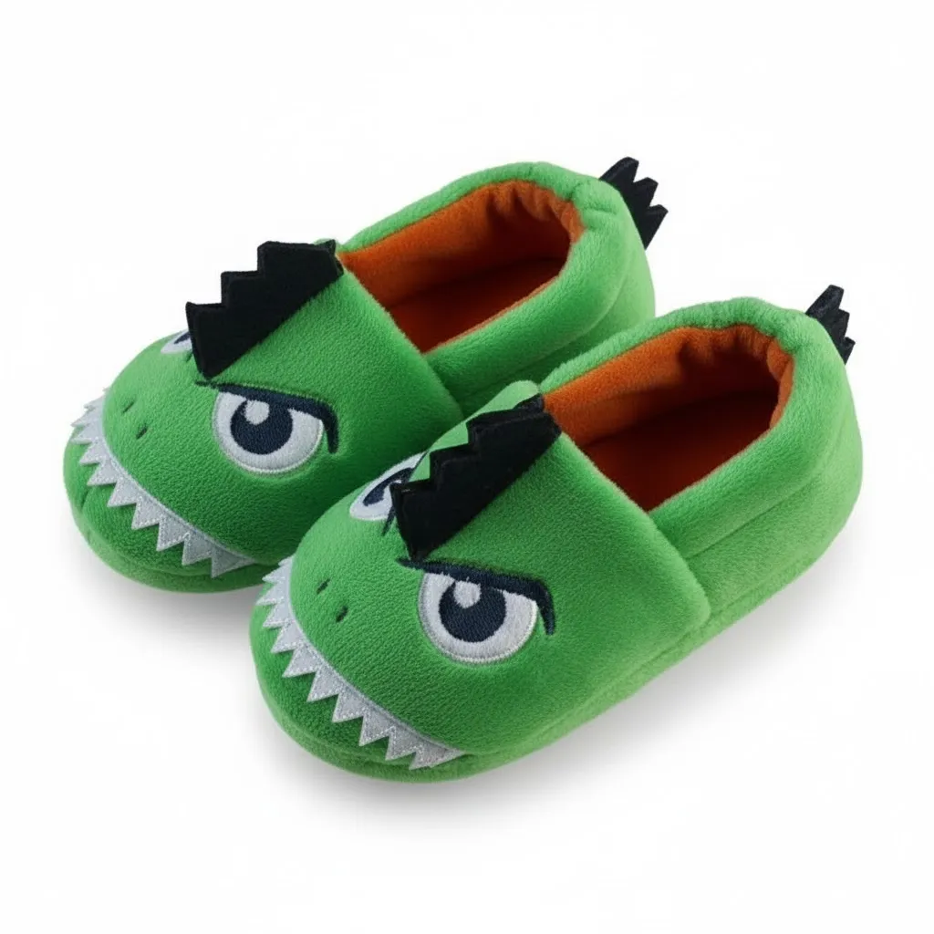 Side view of 3d dinosaur toddler slippers