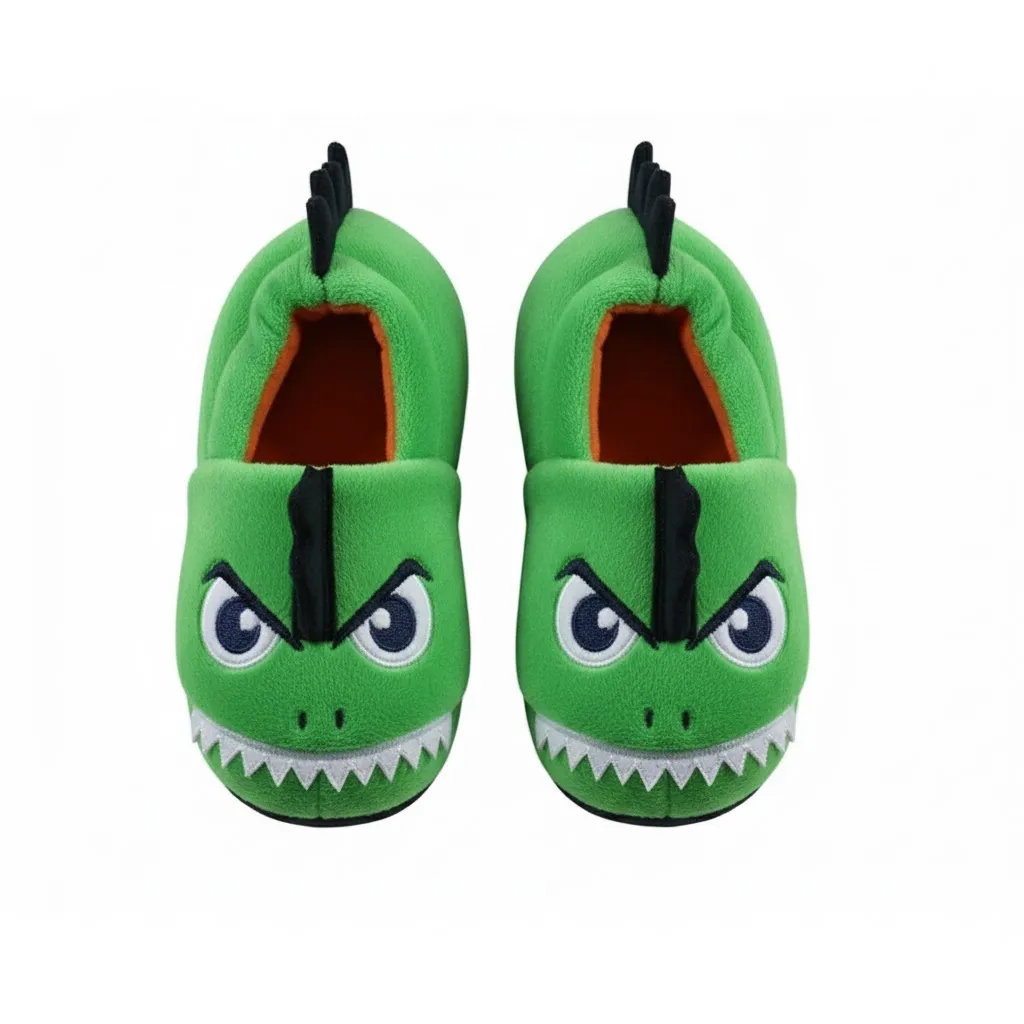 3D Dinosaur Slippers – Top View Top view of 3D dinosaur plush slippers showing dinosaur design