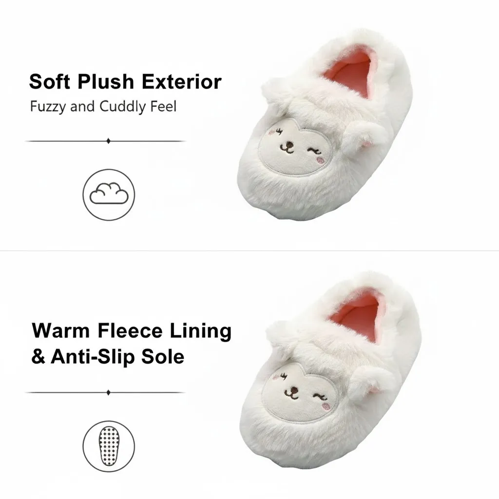 Plush material detail of 3D lamb children’s animal slippers