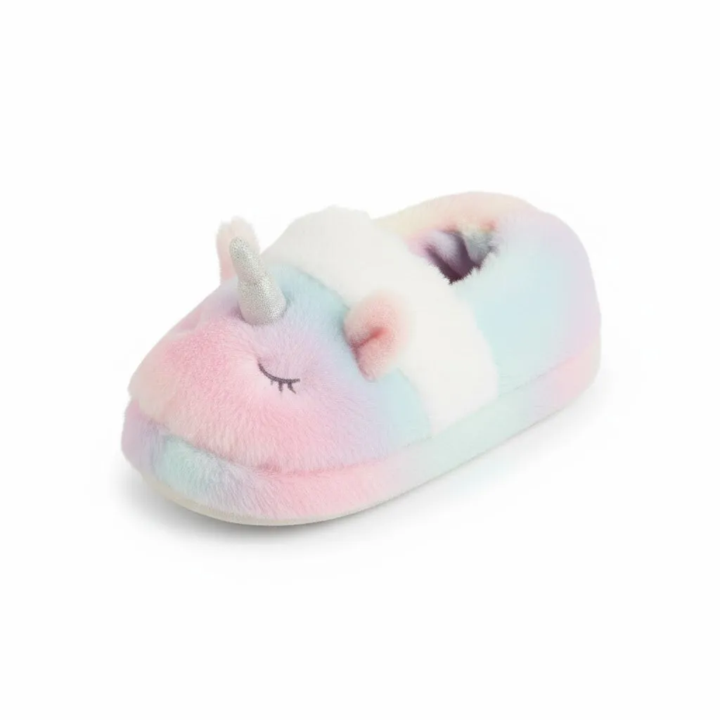 Unicorn Kids Slippers – Back View Back view of 3D plush unicorn indoor slippers for kids