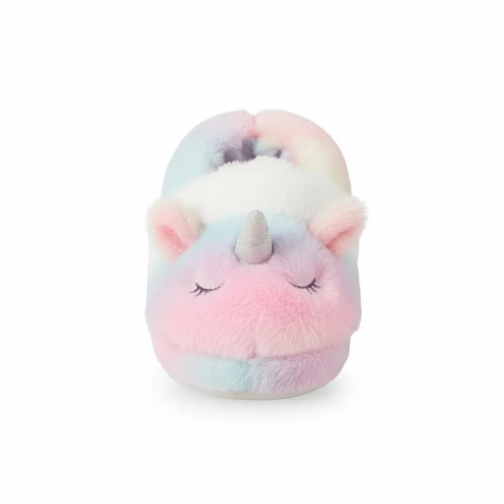 3D Plush Unicorn Kids Slippers – Front View Front view of 3D plush unicorn indoor slippers for kids