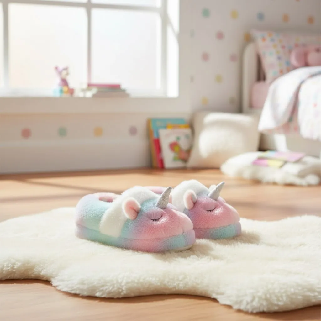 3D plush unicorn kids indoor slippers used at home