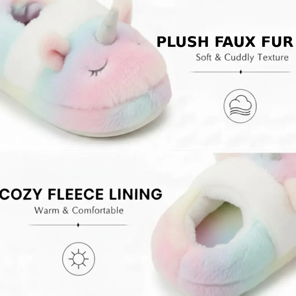 Plush fabric material detail of 3D unicorn kids indoor slippers