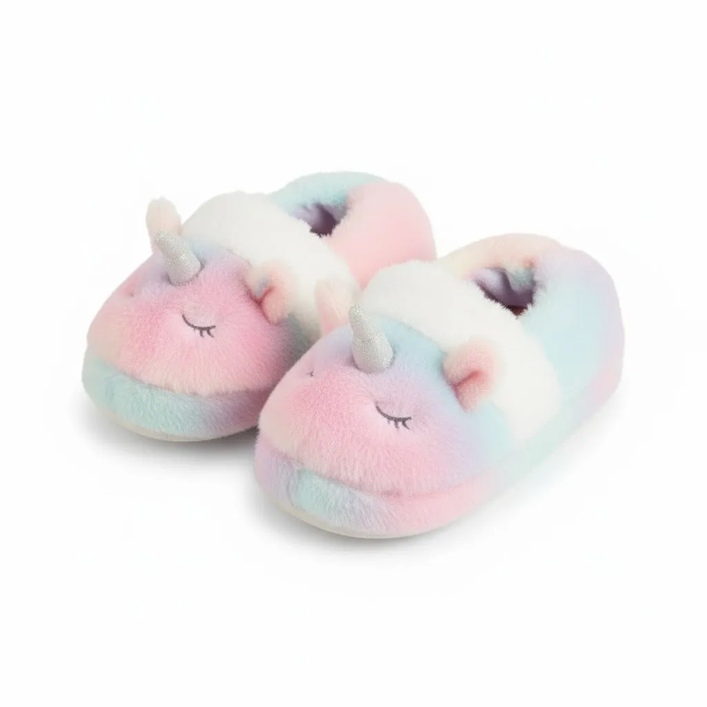 Side view of 3d unicorn toddler slippers
