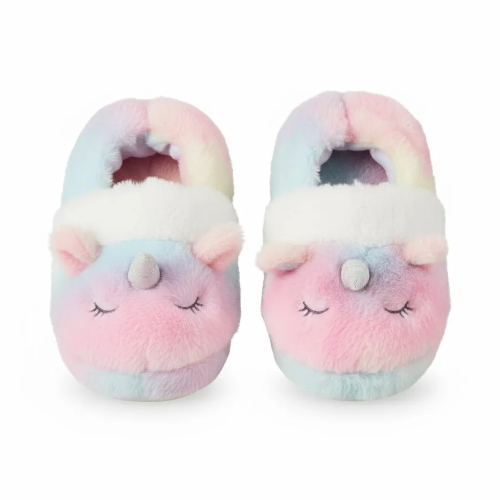 3D Unicorn Slippers – Top View Top view of 3D plush unicorn kids indoor slippers showing horn detail