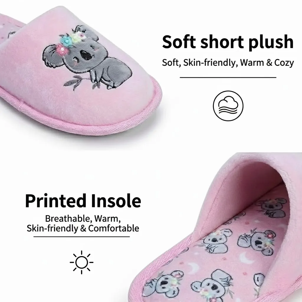 Plush fabric detail of adorable koala slippers for girls
