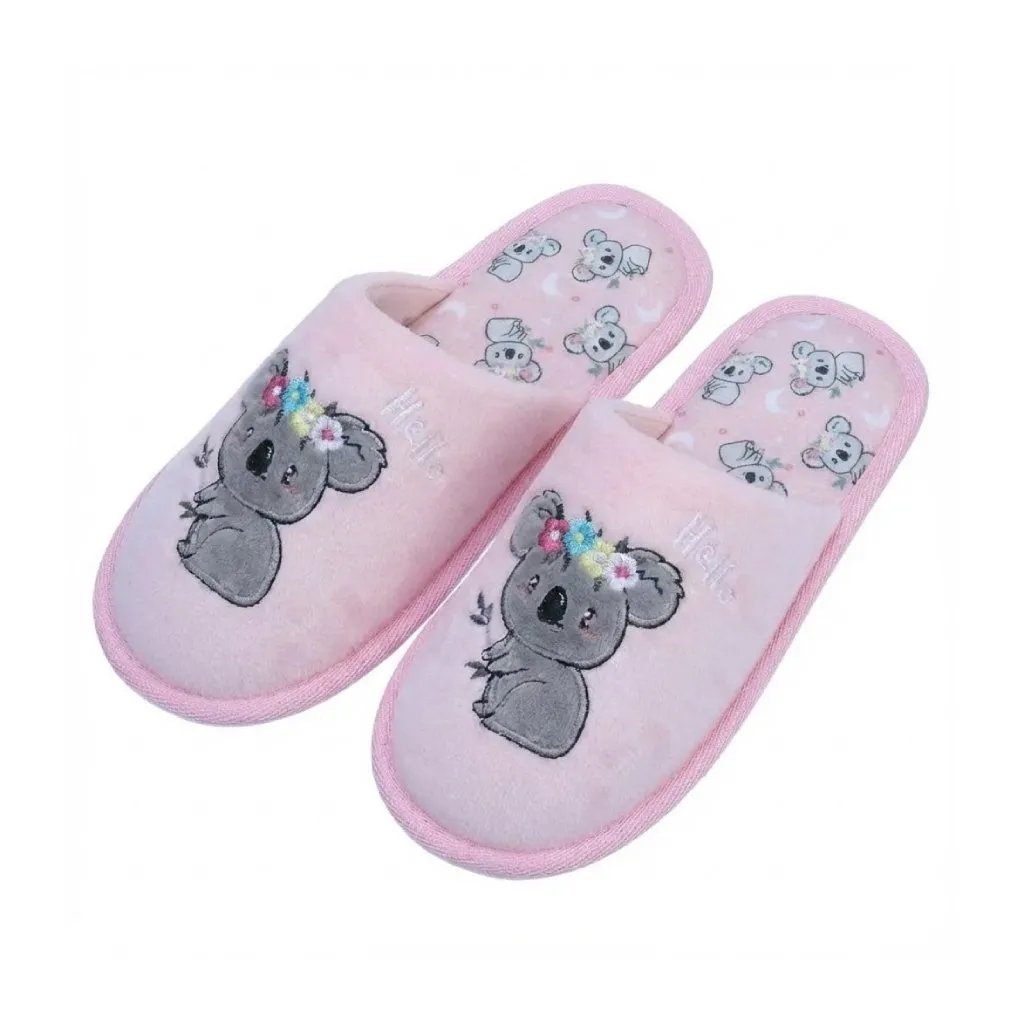 Side view of girls koala stitchdown slippers with soft plush texture