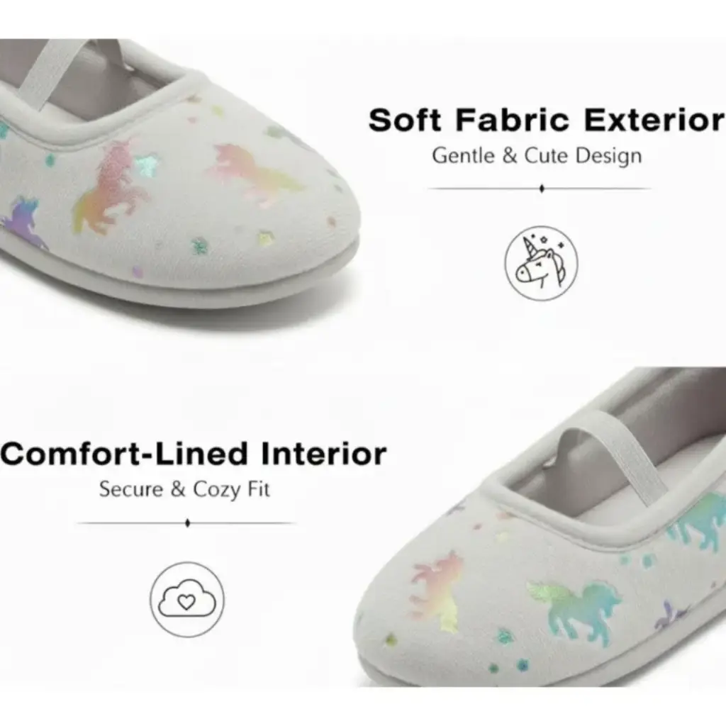 Plush fabric detail of rainbow unicorn house shoes for girls