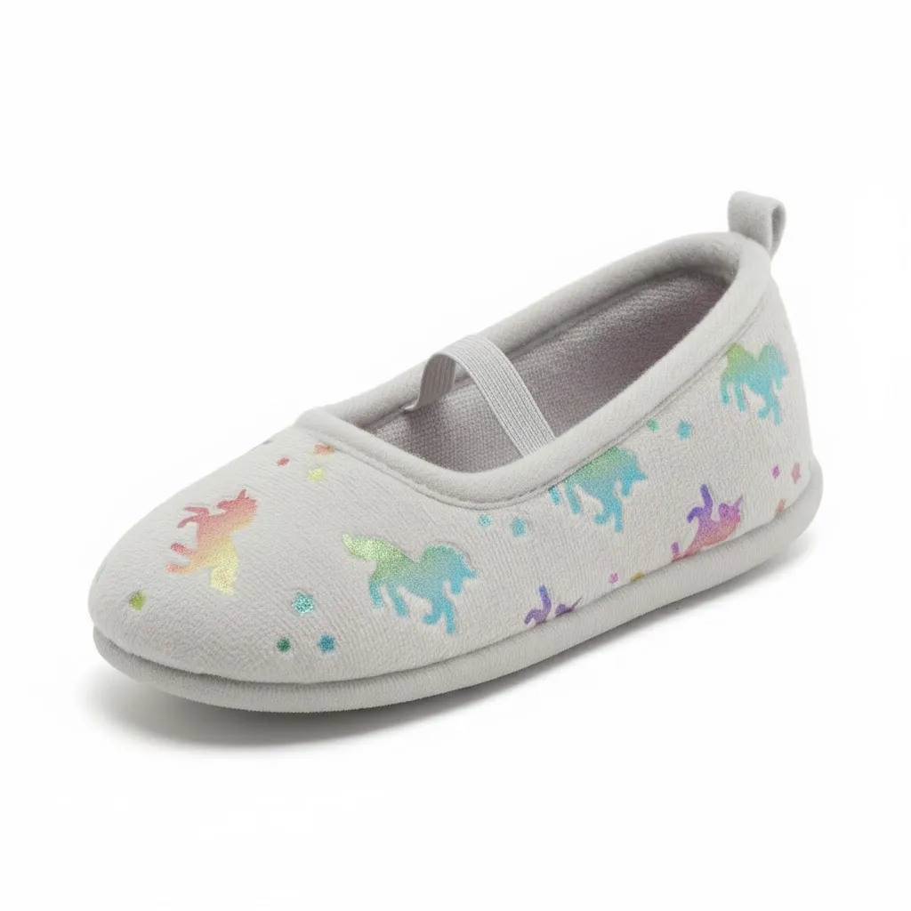 Rainbow Unicorn House Shoes for Girls – Front View Anti-slip rainbow unicorn house shoes for girls with cute plush design