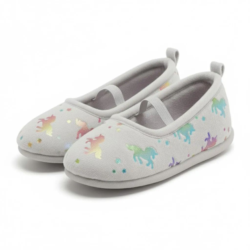Side view of toddler unicorn print elastic slippers
