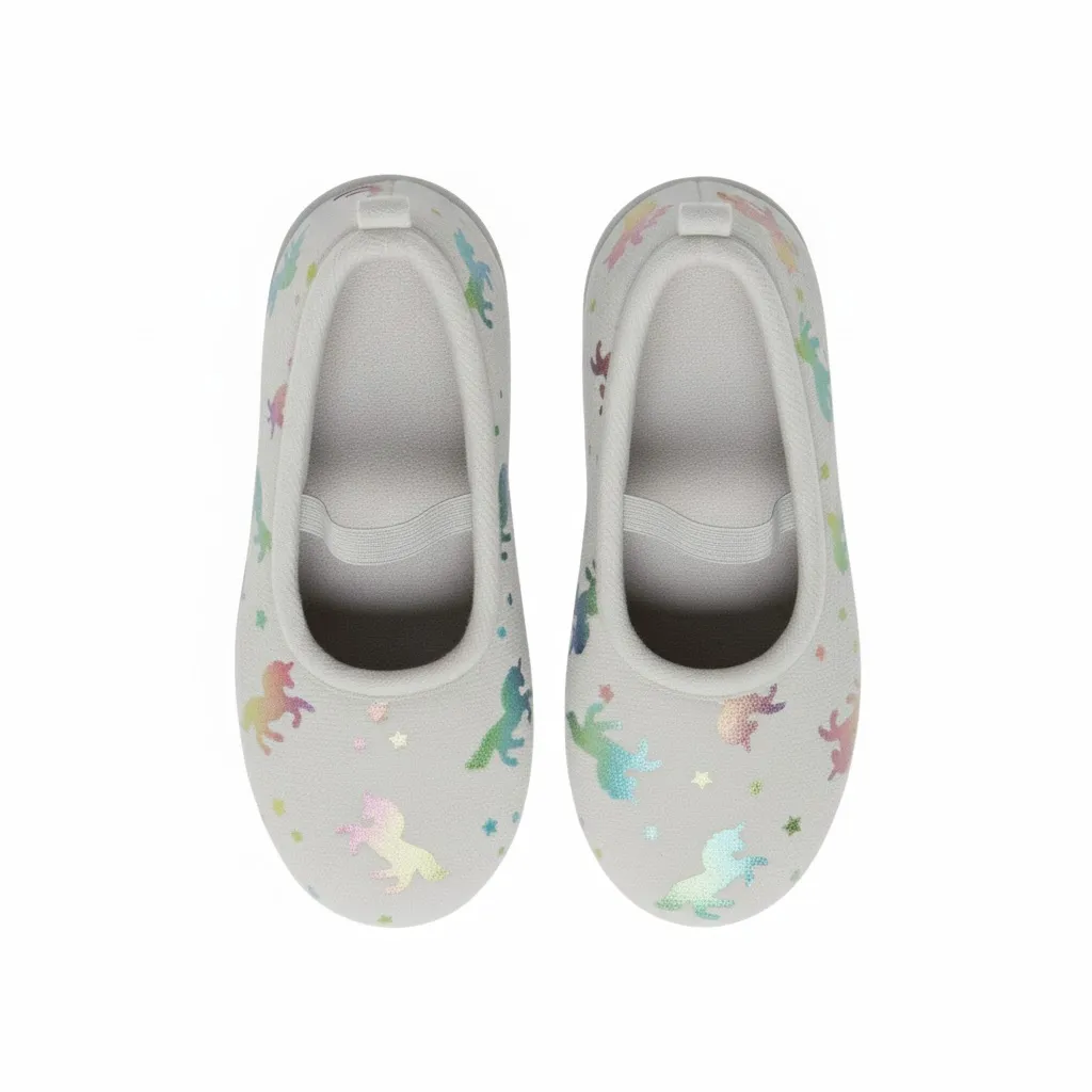 Rainbow Unicorn Slippers – Top View Top view of rainbow unicorn house shoes for girls showing unicorn face