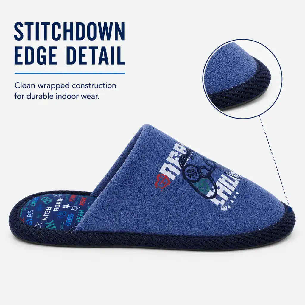 Blue boys gamer stitchdown slippers detail showing wrapped edge construction and low-profile indoor outsole