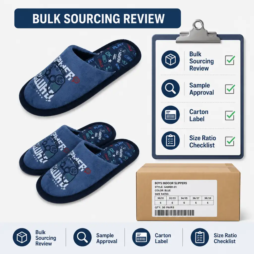 Bulk sourcing review checklist for wholesale boys gamer stitchdown slippers, including sample approval, carton label, and size ratio confirmation.