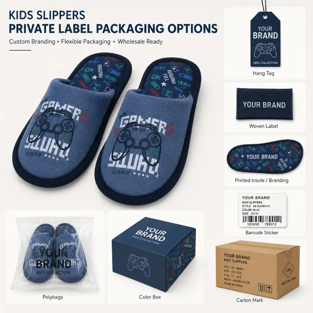 Private label packaging options for boys gamer stitchdown slippers