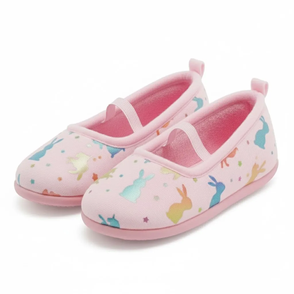 Side view of toddler bunny print plush slippers for girls