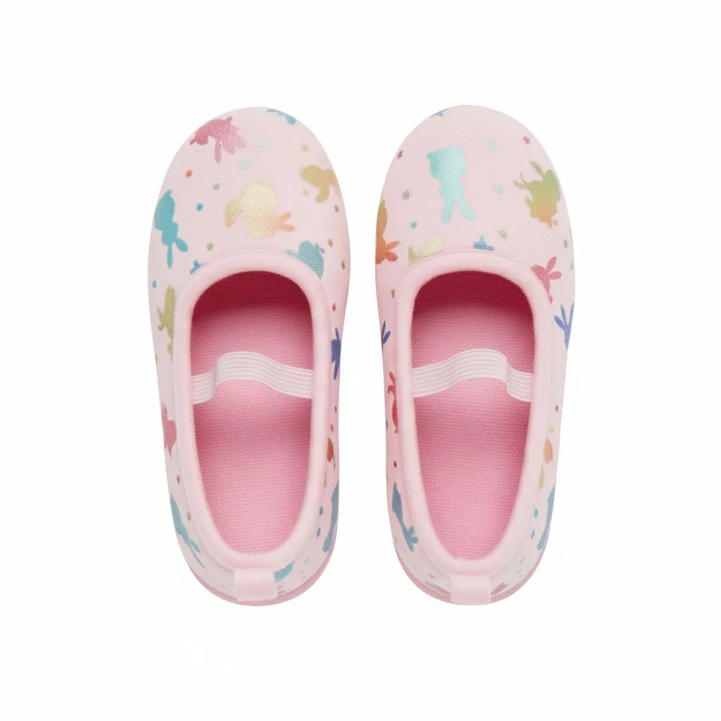 Bunny Pattern Indoor Slippers – Top View Top view of bunny pattern girls indoor slippers showing bunny design