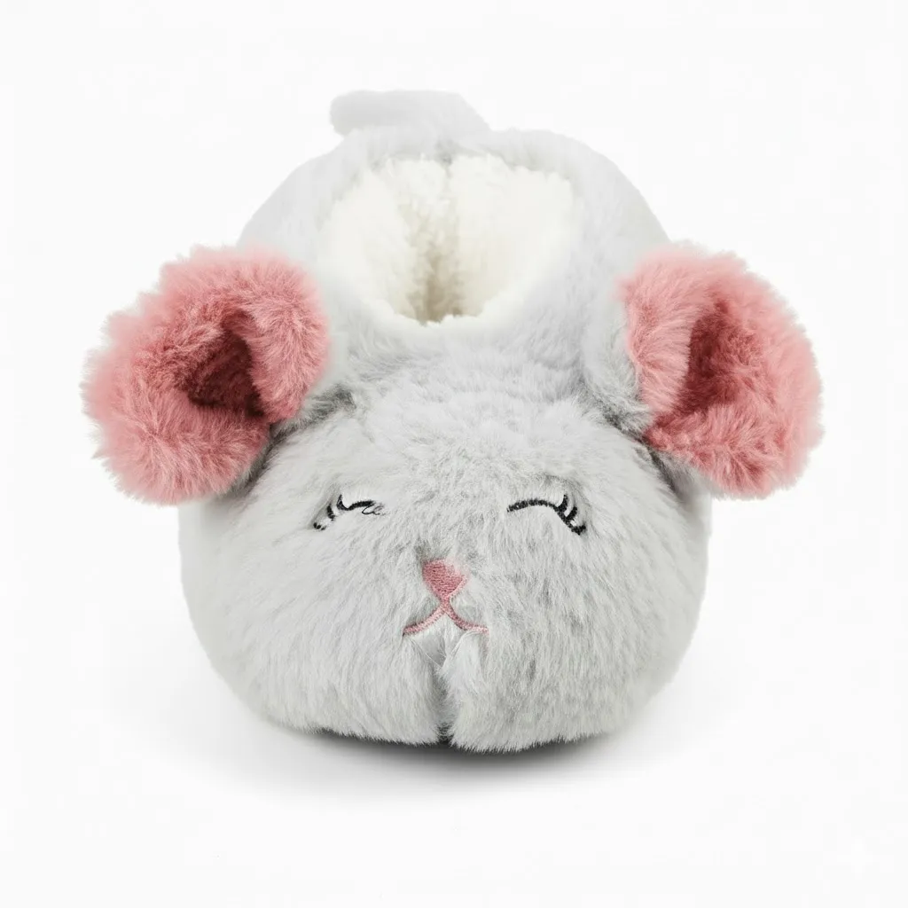 Cute 3D Mouse Kids Slippers – Front View Front view of cute 3D mouse animal indoor slippers for kids