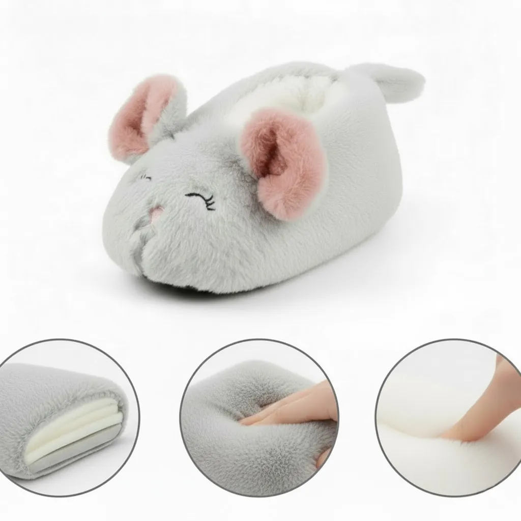 Plush material detail of cute mouse animal kids slippers