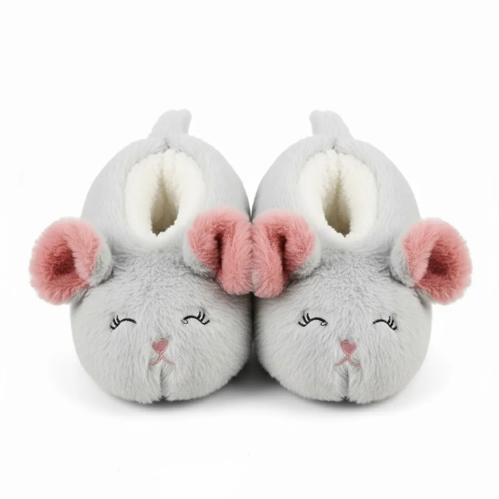 3D Mouse Slippers – Top View Top view of cute 3D mouse kids slippers showing animal face