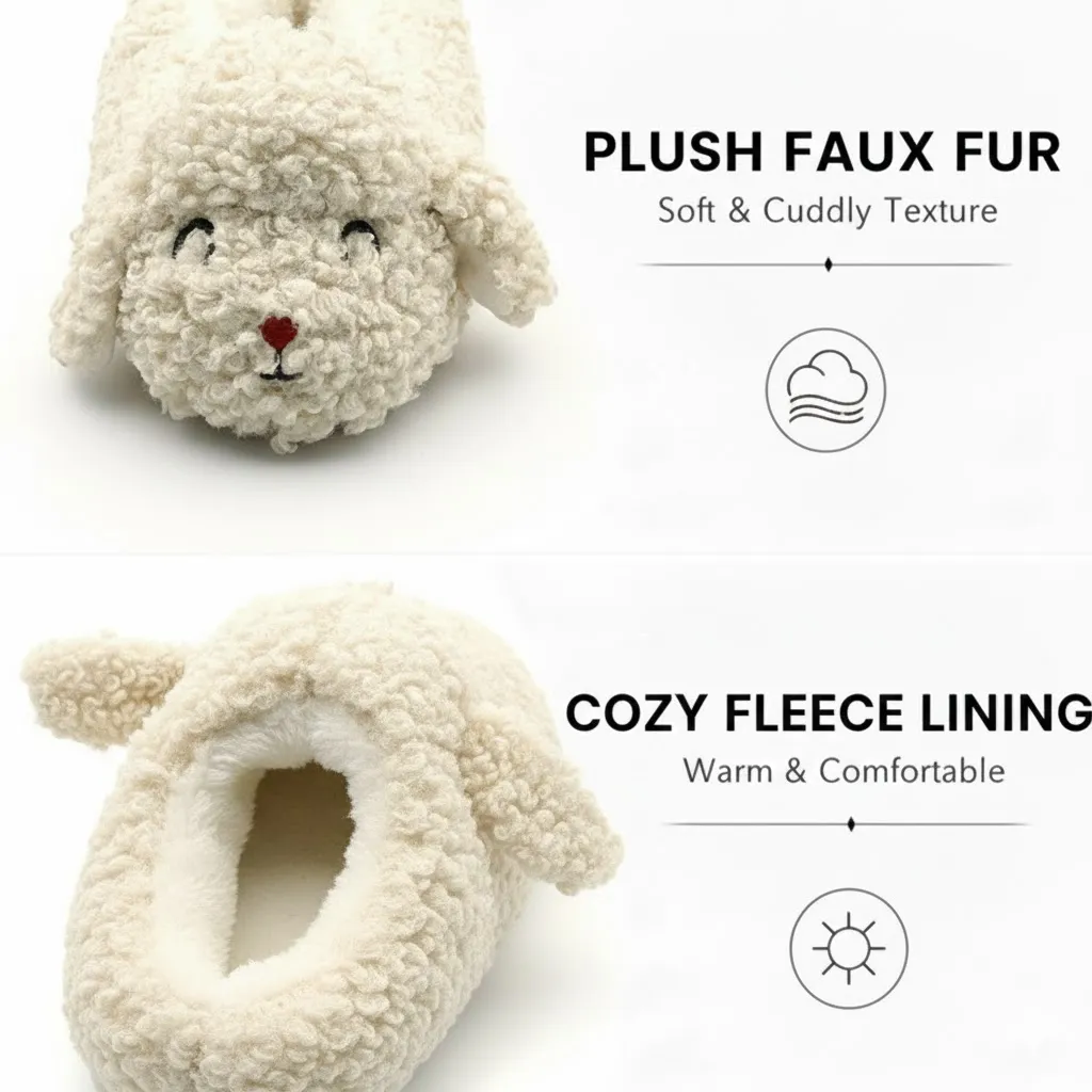 Plush material detail of cute sheep kids indoor slippers