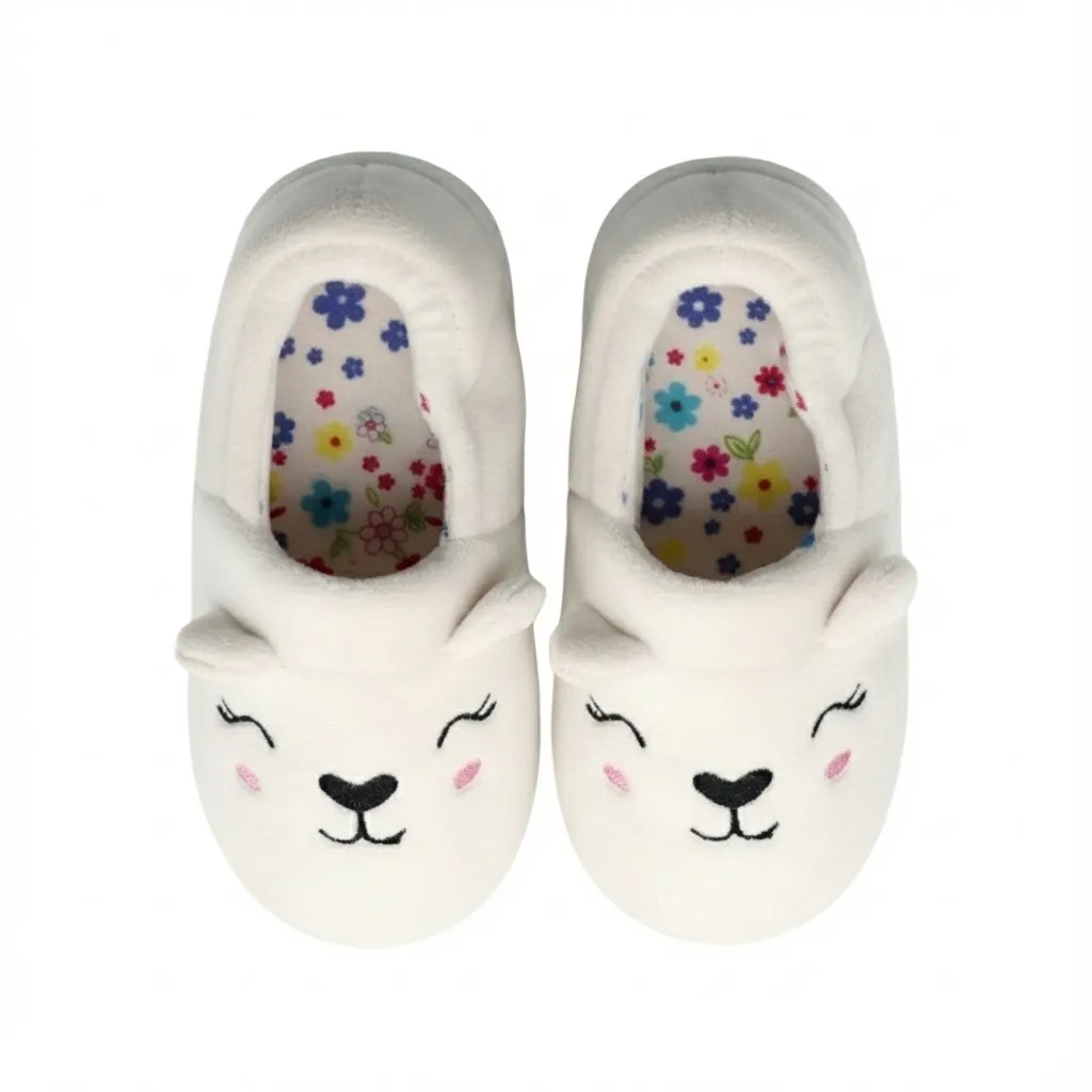 Cute Bear Plush Slippers for Girls – Top View Top view of cute bear plush slippers for girls showing bear design