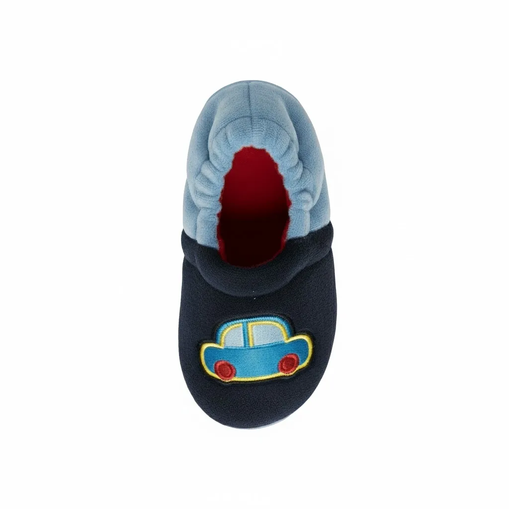 Cute Cartoon Car Slippers for Boys – Front View Cute cartoon car slippers for boys with soft plush lining for wholesale