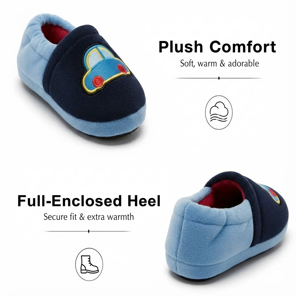 Fine stitching detail of cute cartoon car slippers for boys