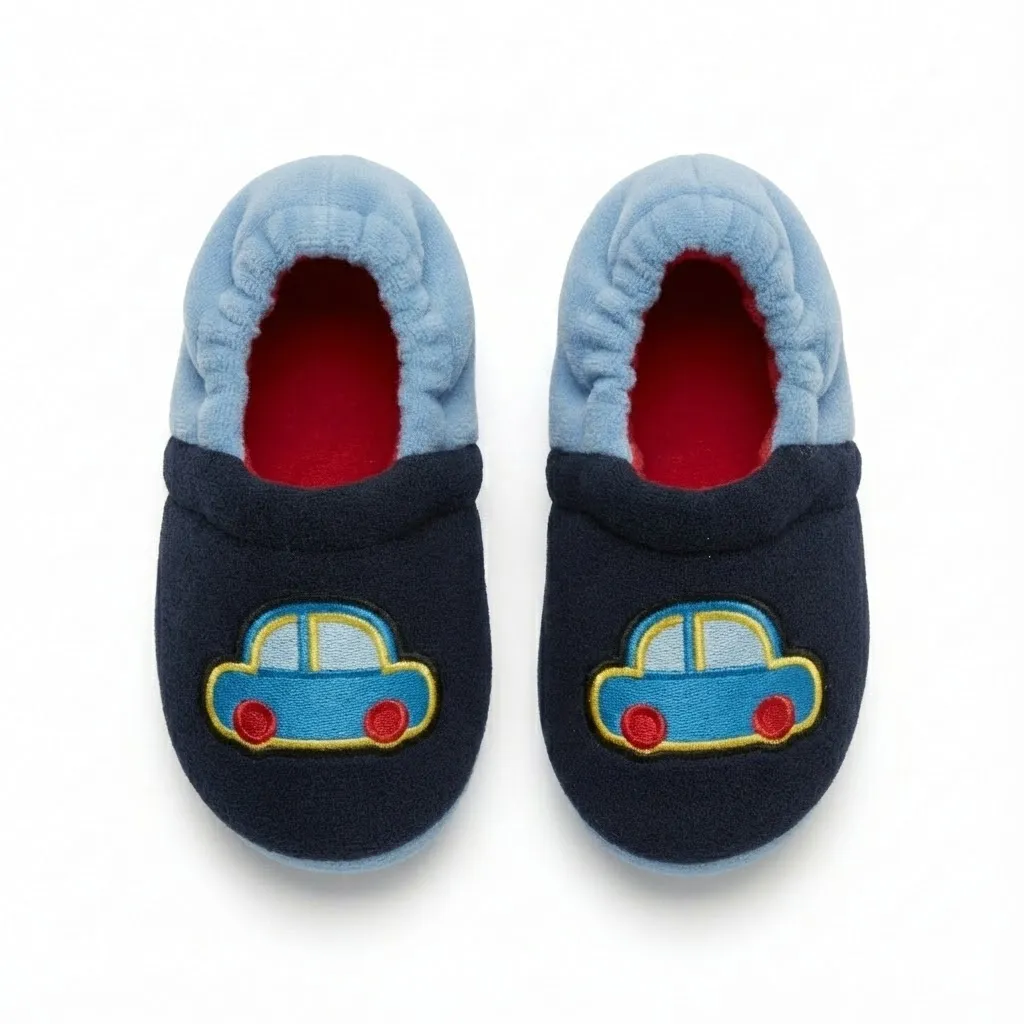 Cute Cartoon Car Slippers for Boys – Top View Top view of cute cartoon car slippers for boys showing car design