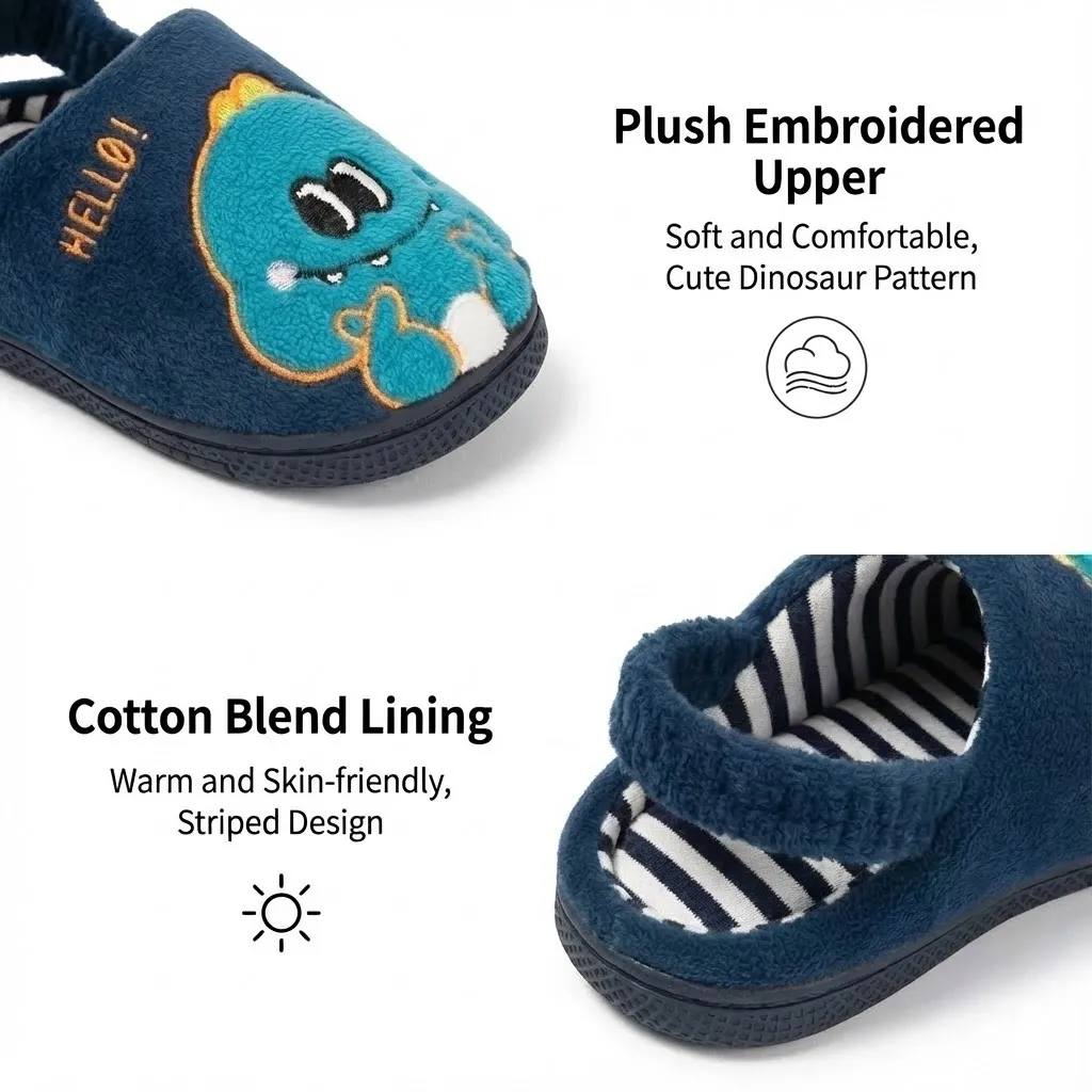 Fine stitching detail of cartoon monster kids indoor slippers
