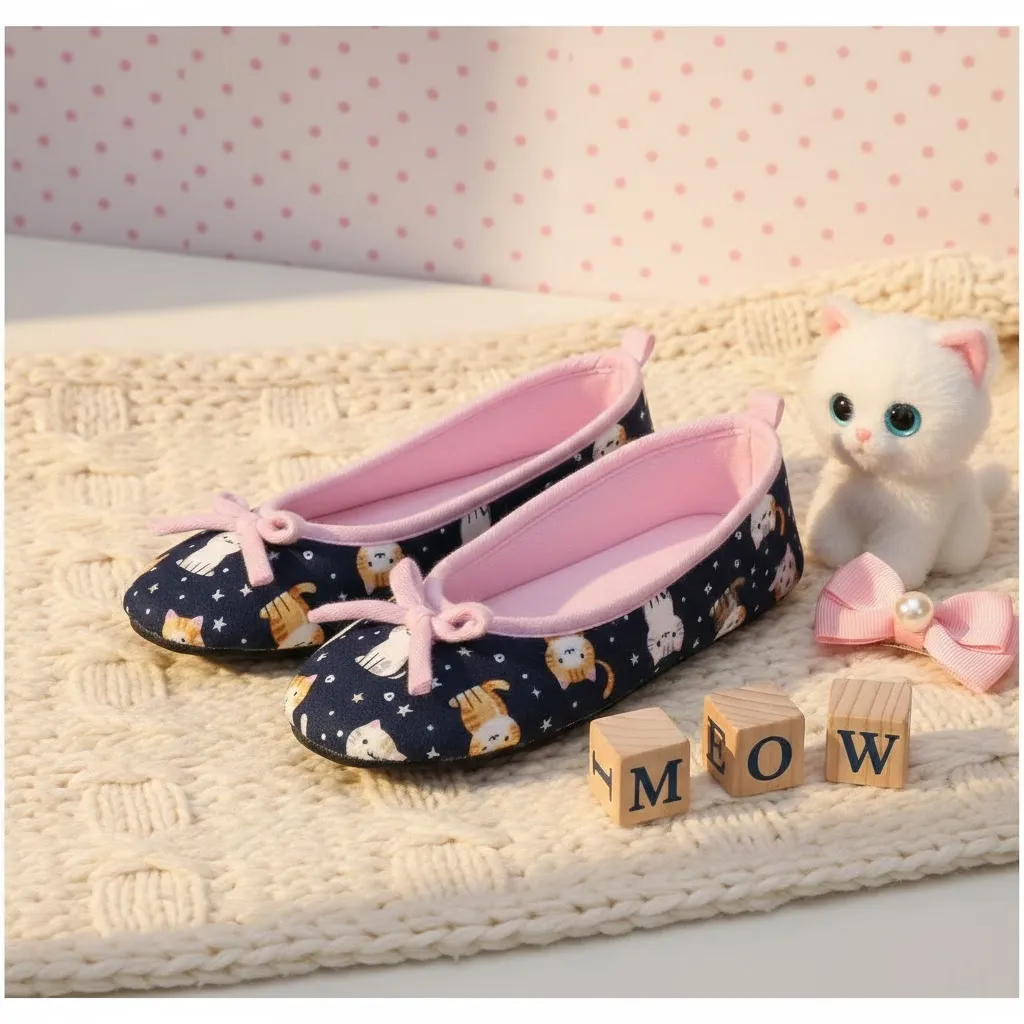 Cute cat print toddler girls indoor ballerina slippers for home use