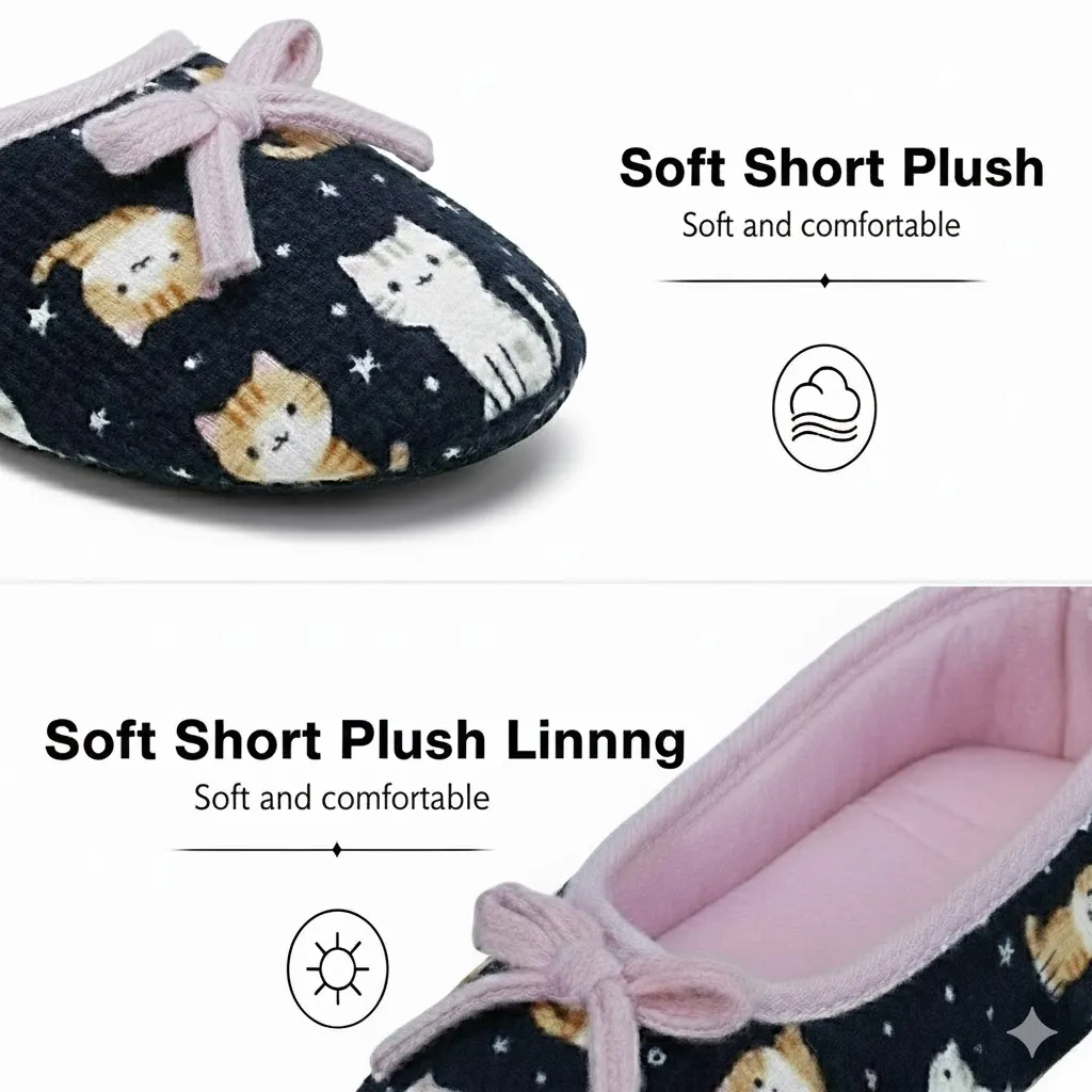 Soft fabric upper with cute cat print for toddler girls slippers