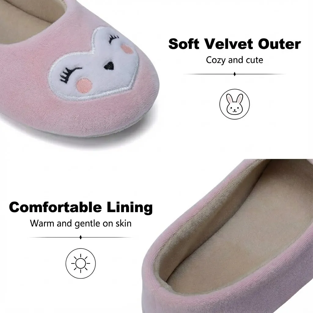 Plush fabric detail of cute heart-faced girls indoor slippers