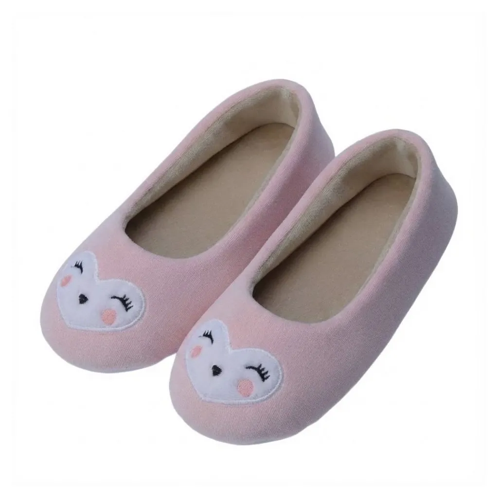 Side view of velvet girls heart ballerina slippers showing soft profile