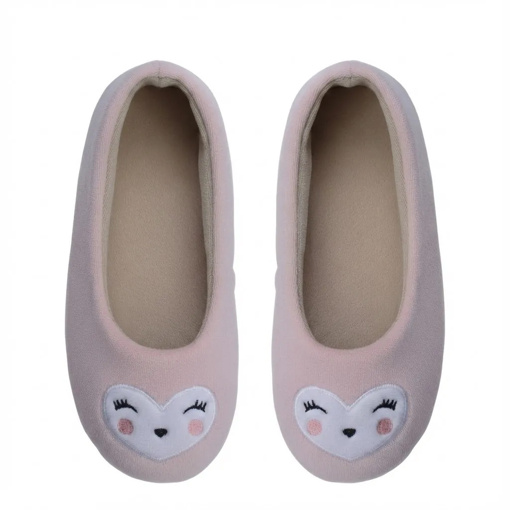 Cute Heart-Faced Girls Indoor Slippers – Top View Top view of cute heart-faced girls indoor slippers with heart face design