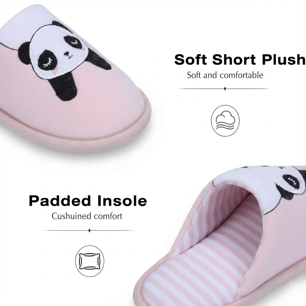 Plush fabric detail of cute panda girls indoor slippers