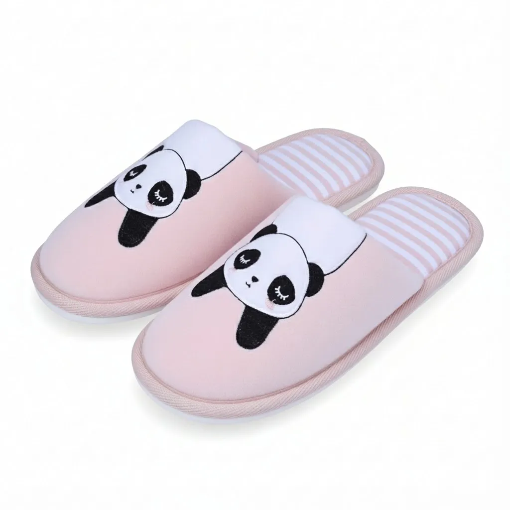 Side view of wholesale girls panda plush slippers with soft plush texture