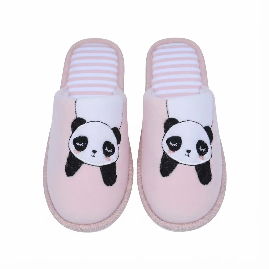 Cute Panda Girls Indoor Slippers – Top View Top view of cute panda girls indoor slippers showing panda face design