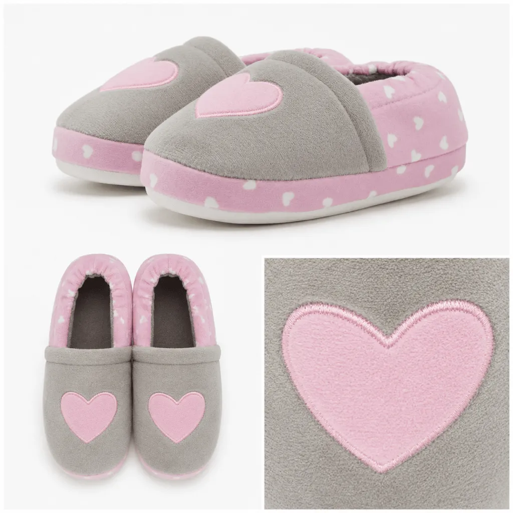 UT-CS1001 girls heart slippers showing pink heart applique, edge stitching, placement and left-right pair consistency