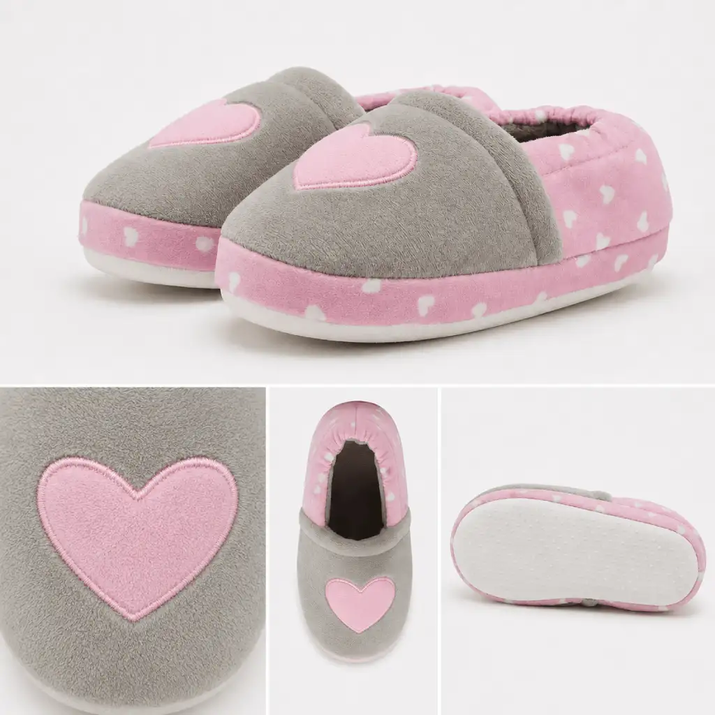 UT-CS1001 girls plush slippers showing heart applique detail, elasticated opening, plush upper and dotted textile outsole