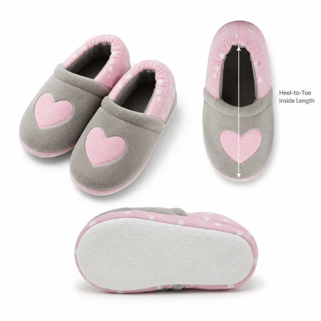 Girls’ plush slippers size guide with heart detail, pair view, top view measurement reference, and dotted textile outsole