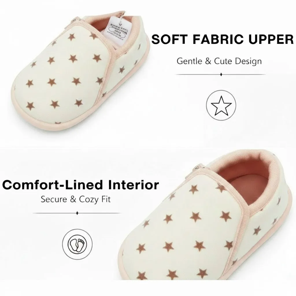 Fabric detail of girls star print indoor slippers with smooth texture