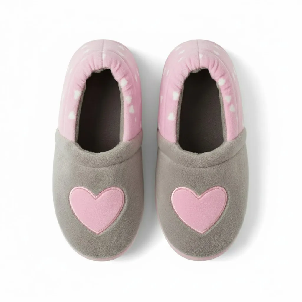Heart Pattern Girls Plush Indoor Slippers – Top View Top view of heart pattern girls plush indoor slippers showing cute heart pattern