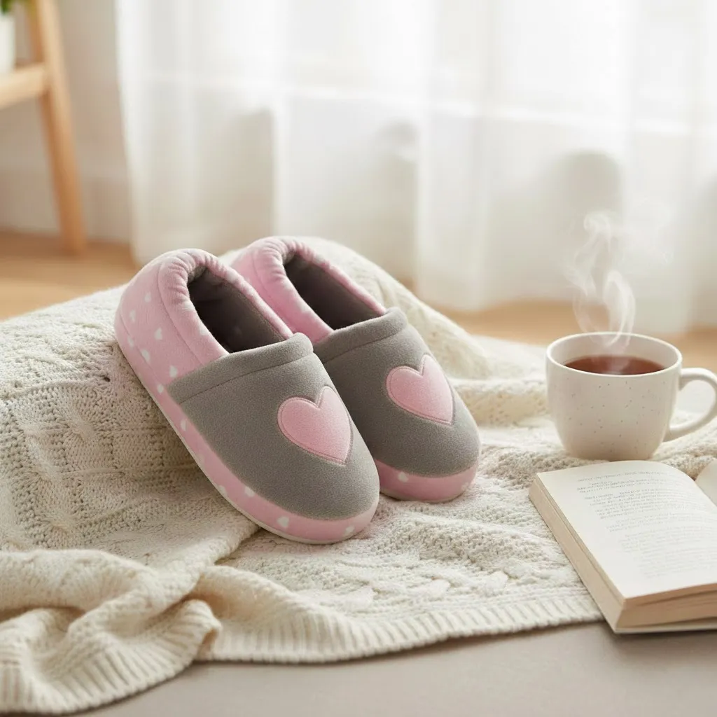 Warm and cozy heart pattern girls plush indoor slippers for winter season